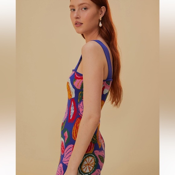 NWOT FARM Rio Square Neck Midi Colorful All Over Print Fruit Salad Dress Size M - Picture 2 of 7